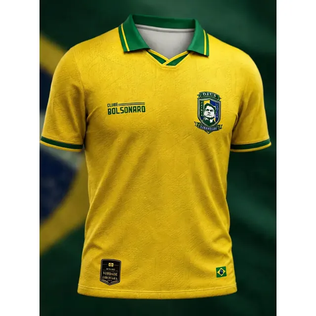 Camisa polo masculina amarela com detalhes verdes, conforme imagem do anúncio
